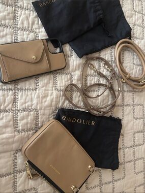 Bandolier Tan Leather Crossbody Straps with expanded pouch -iphone15